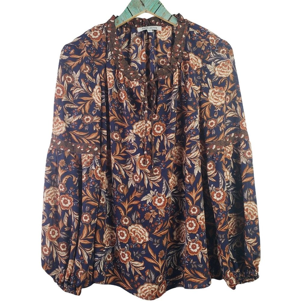 Rose + Olive Silky Boho Neutral Floral Peasant Sleeve Blouse Sz S